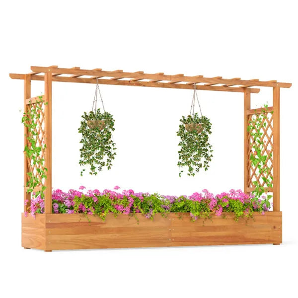 Wooden Raised Garden Bed with Trellis & Flat Roof - Planter Box for Climbing Plants Vegetables Flowers