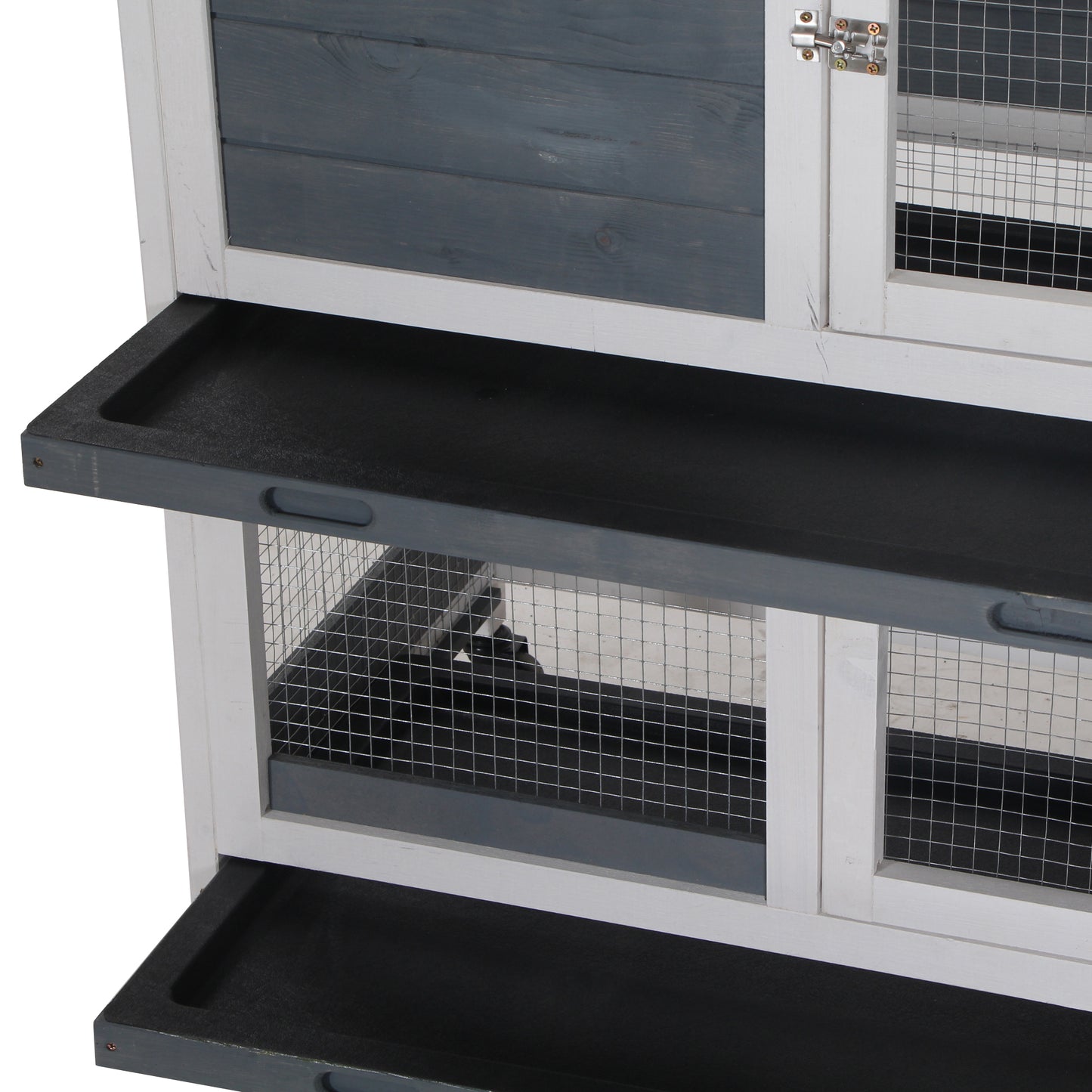 Wooden Rabbit Hutch with Elevated Pet House, Lockable Doors & Leak Tray, Gray