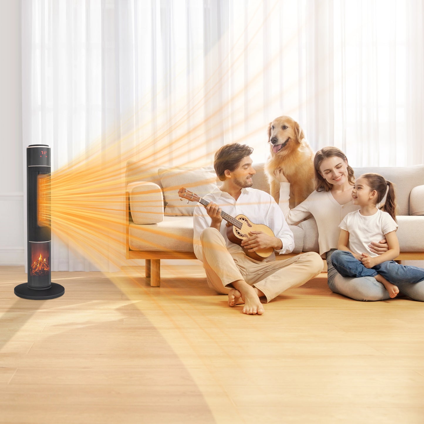 32inch Tower Space Heater with 3D Flame Effect, 1500W Portable Electric Heater with Thermostat, Oscillation, Timer & Remote