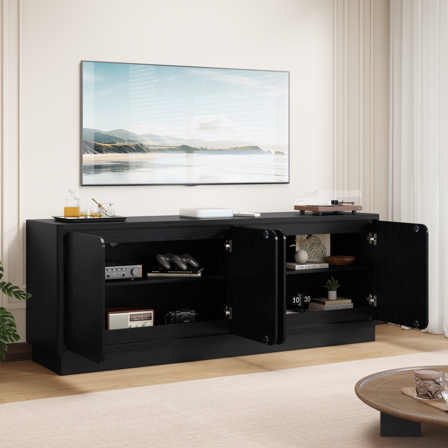 63 Inch Black TV Stand with 4 Storage Doors - Modern Media Console
