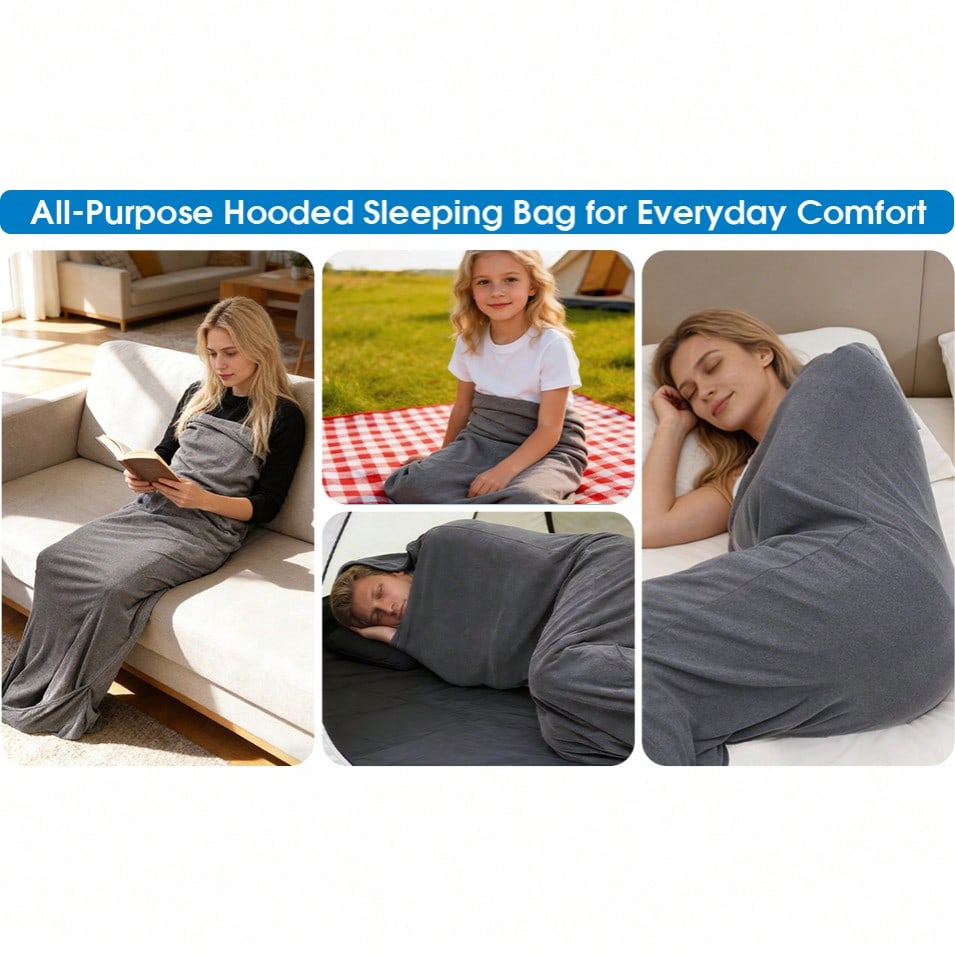 Wearable Hooded Sleep Pod Blanket - 2-in-1 Full Body Sleeping Bag - Grey XL
