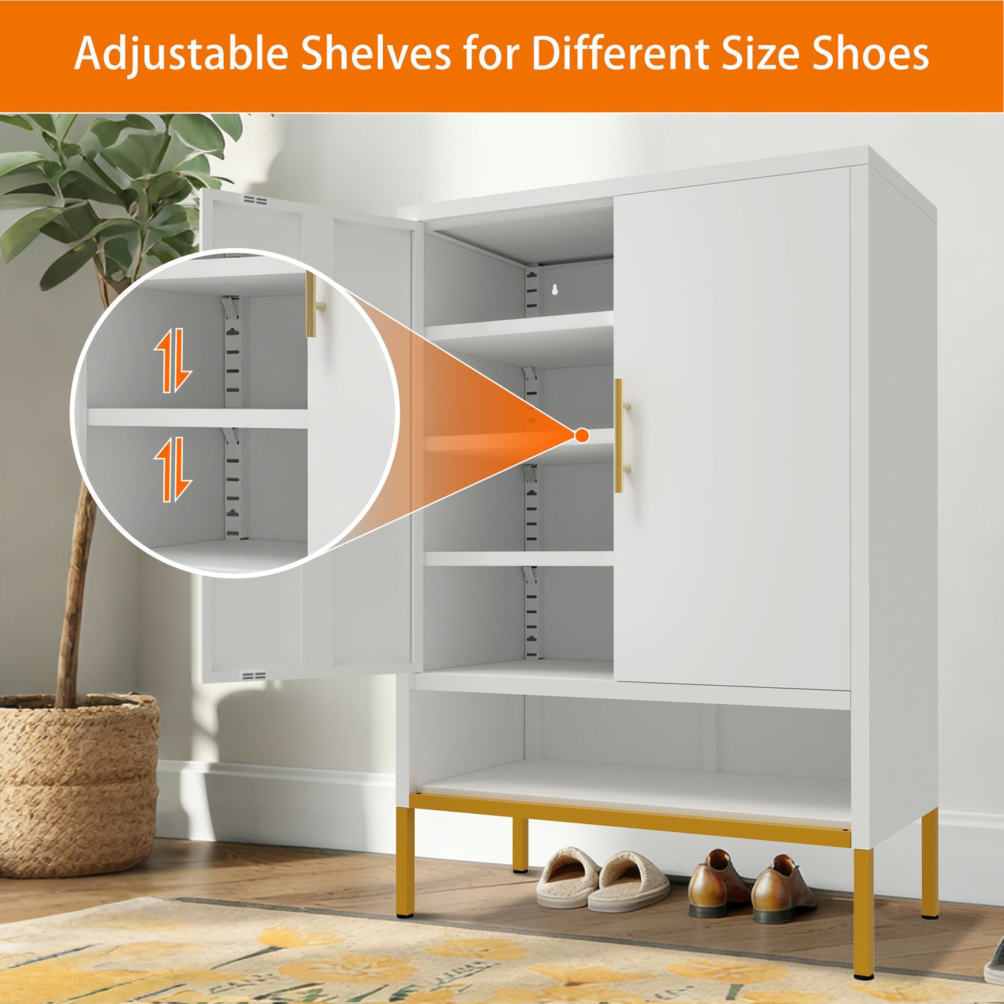 40-Inch Tall 2-Door Metal Shoe Cabinet - 7-Tier Organizer in White