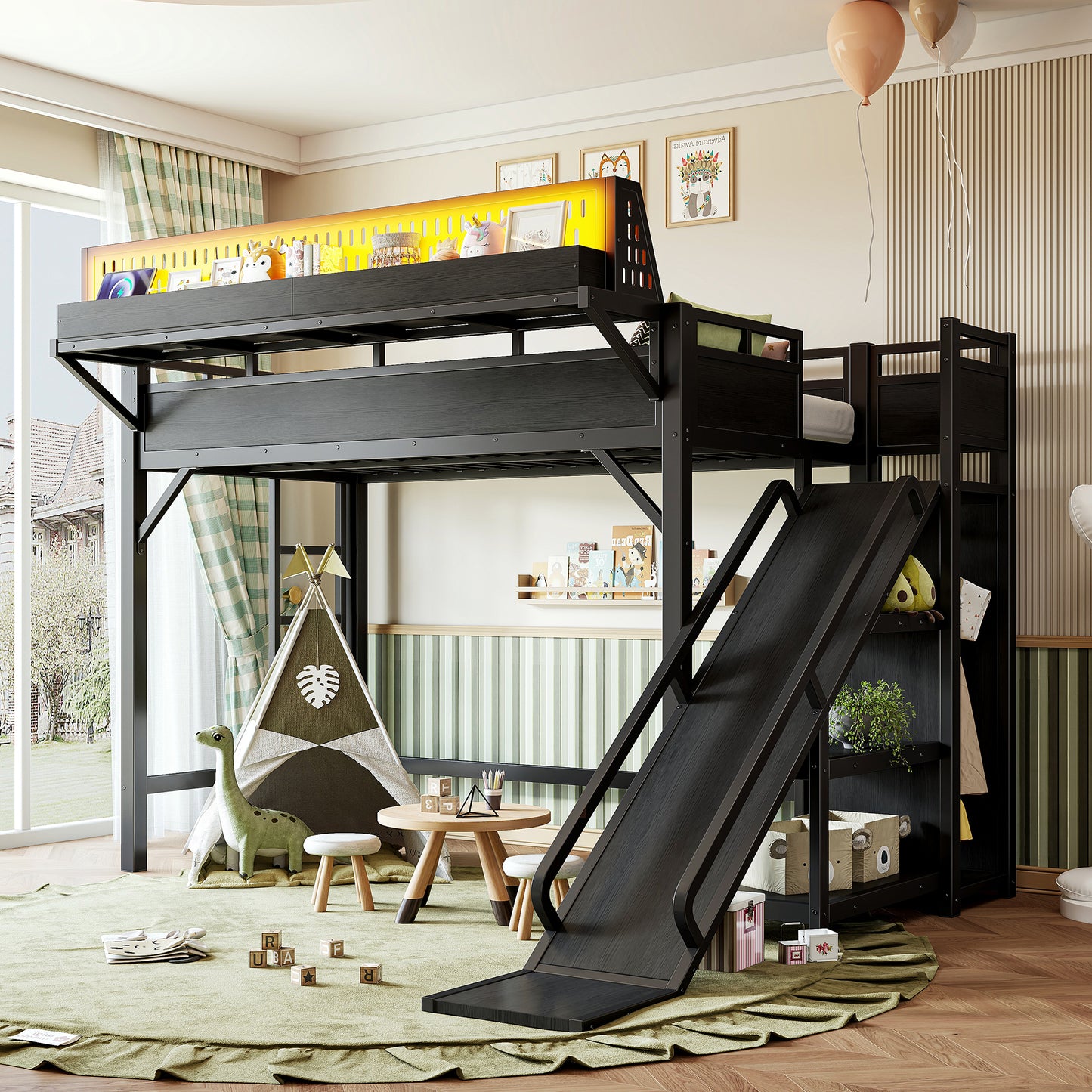 Twin XL Loft Bed with Slide, Storage Shelves, USB Ports & LED Lights - Black