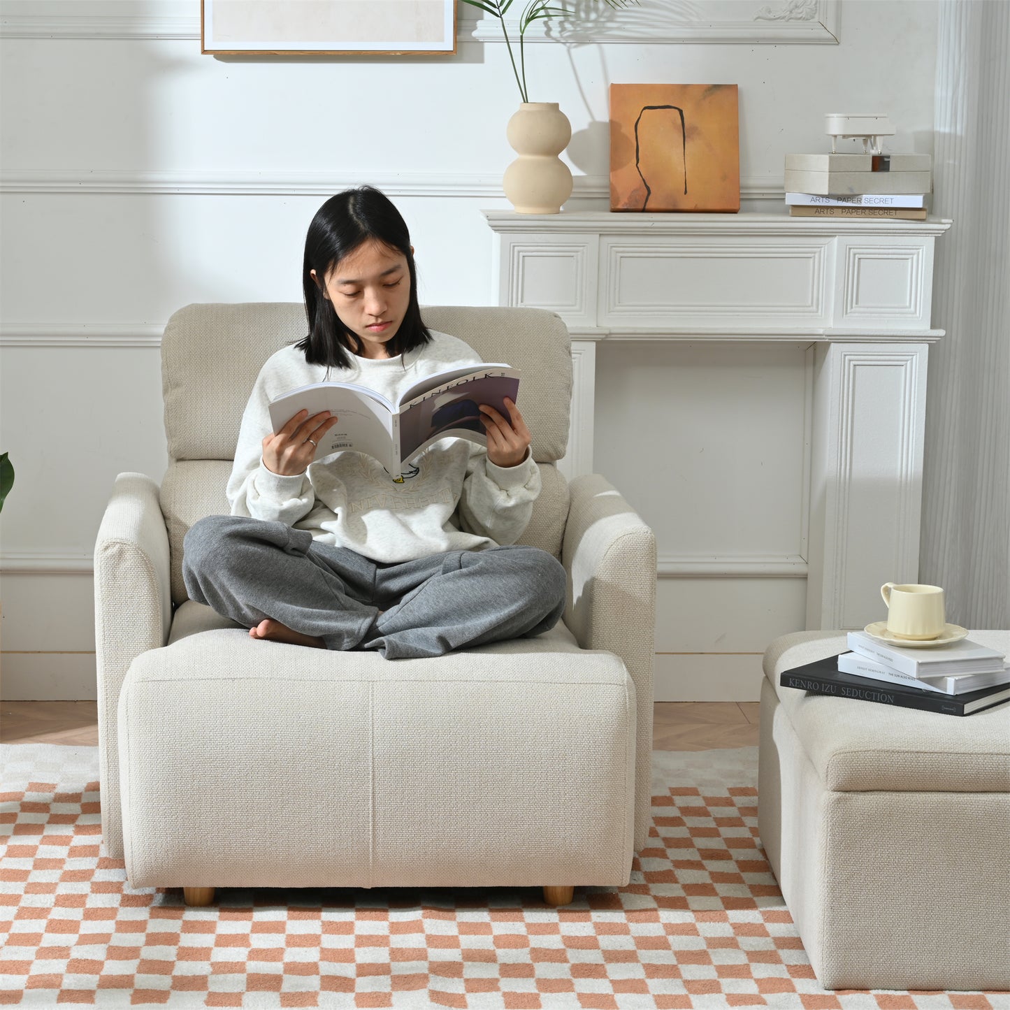 Oversized Accent Chair with Storage Ottoman - Beige & Gray