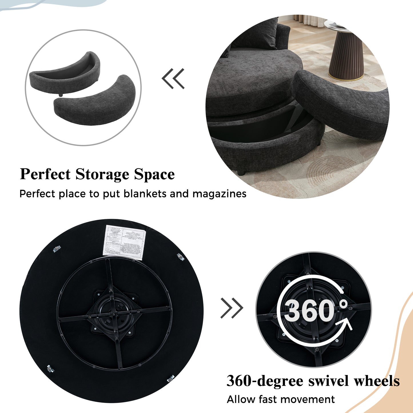360° Swivel Accent Barrel Chair with Storage Ottoman & 4 Pillows - Gray