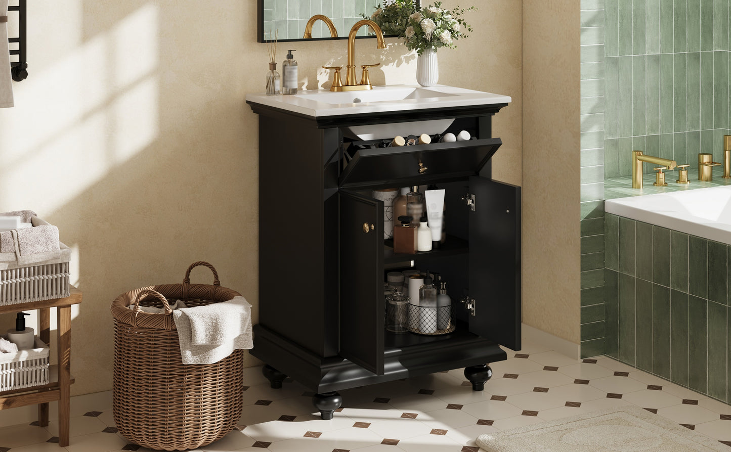 24" Black Modern Bathroom Vanity with Tip-Out Drawer & Soft-Close Hinges