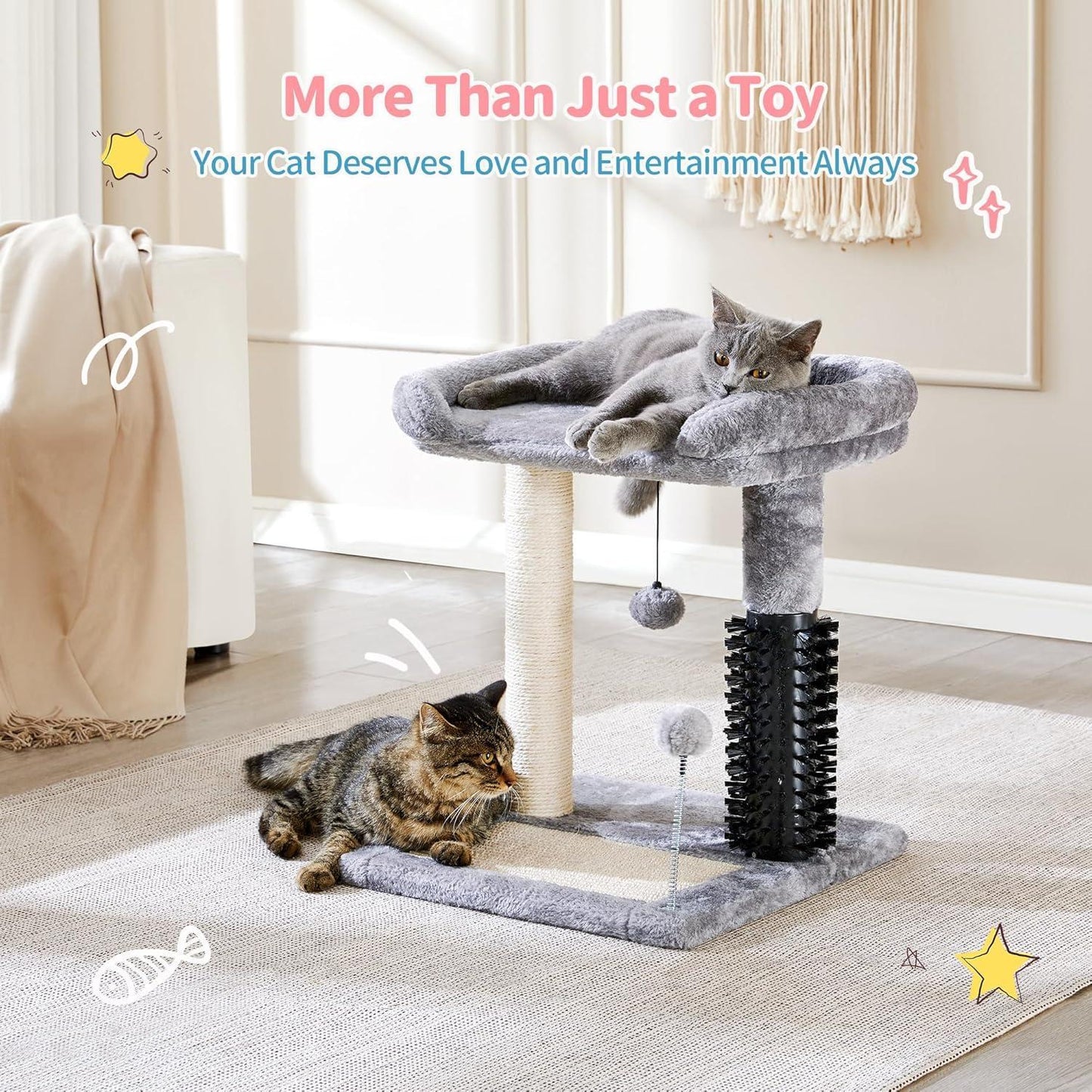 Small 4-in-1 Cat Tree Tower with Self-Grooming Brush & Sisalg Scratching Post - Grey