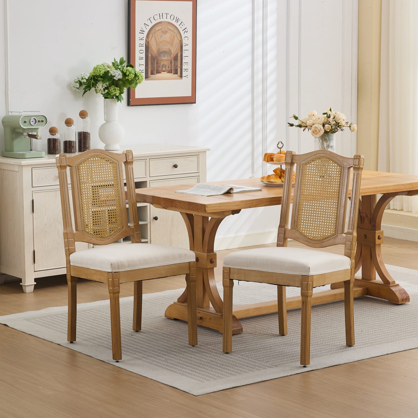 Solid Wood Rattan-Back Dining Chair with Linen Cushion - Beige