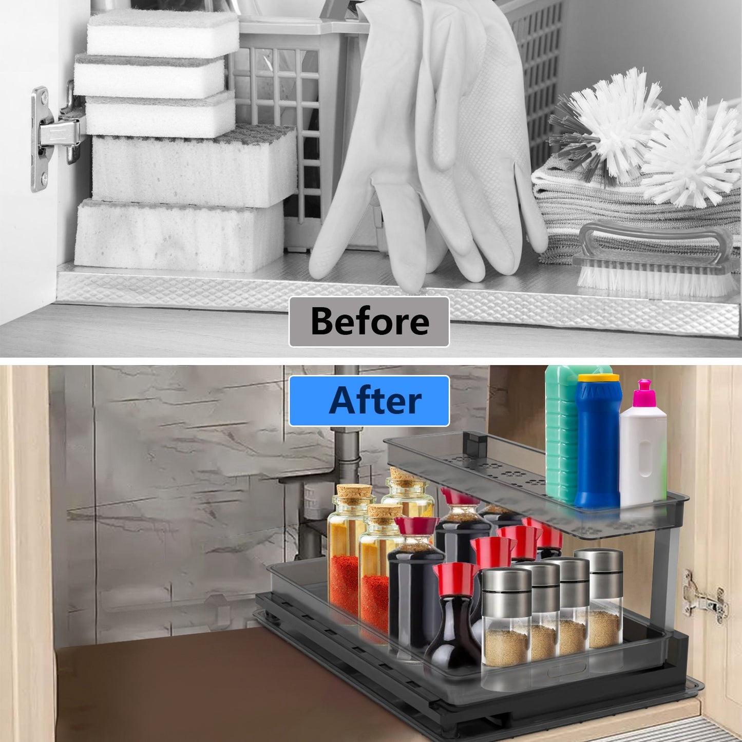 2-Tier Under Sink Organizer with Sliding Drawer - L-Shaped