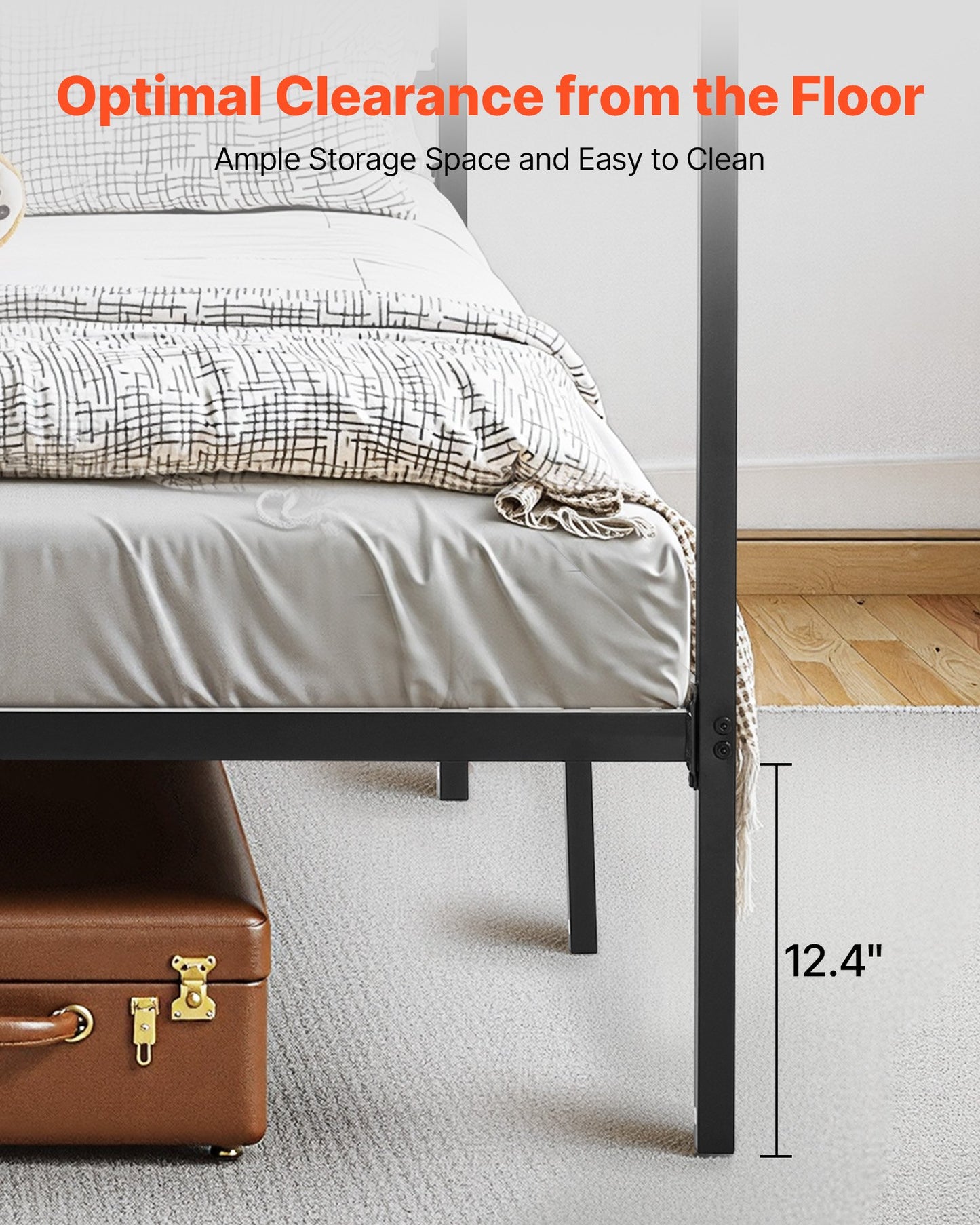 King Size Metal Canopy Bed Frame with Storage and Charging Station - Black