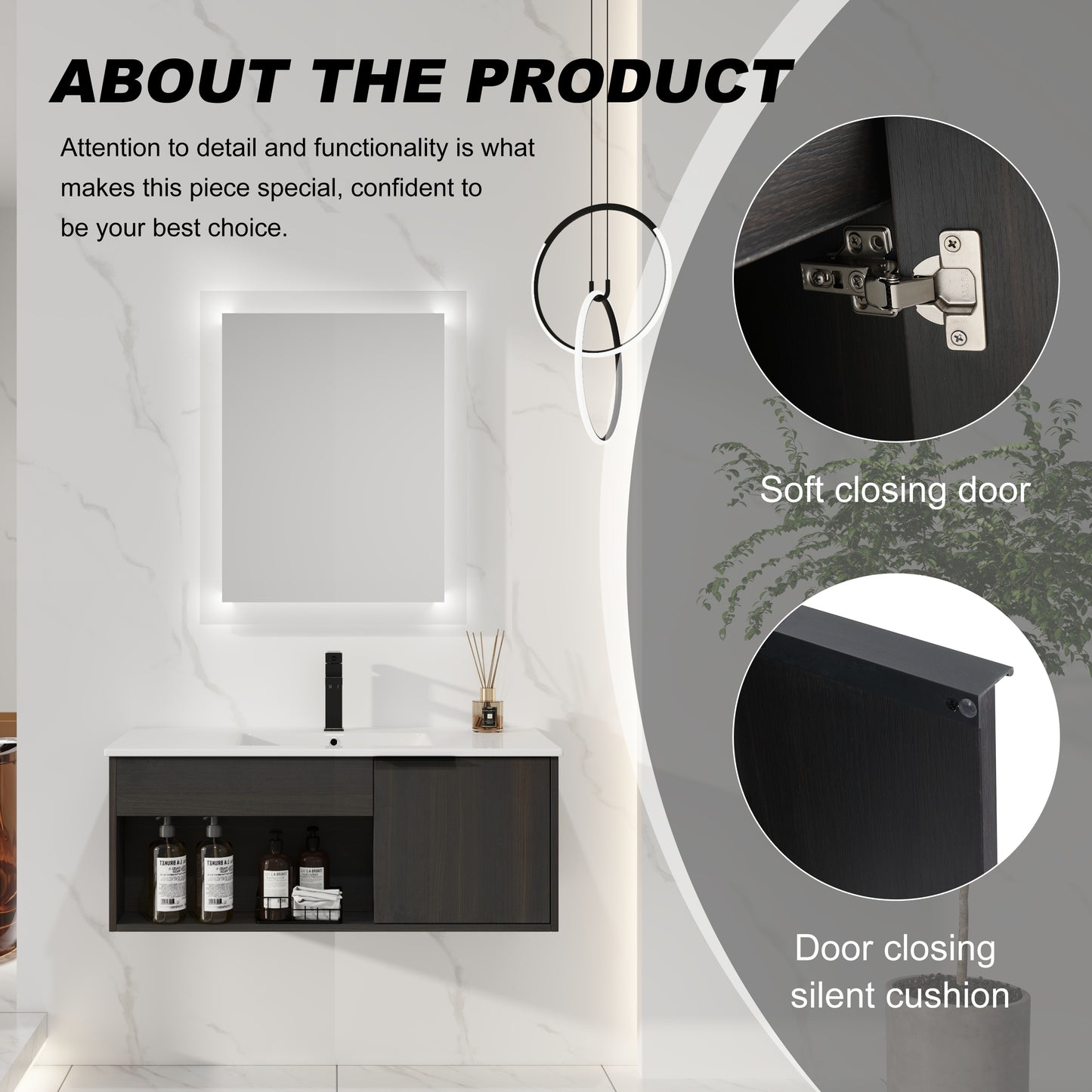36" Wall-Mounted Bathroom Vanity with Ceramic Sink - Dark Oak