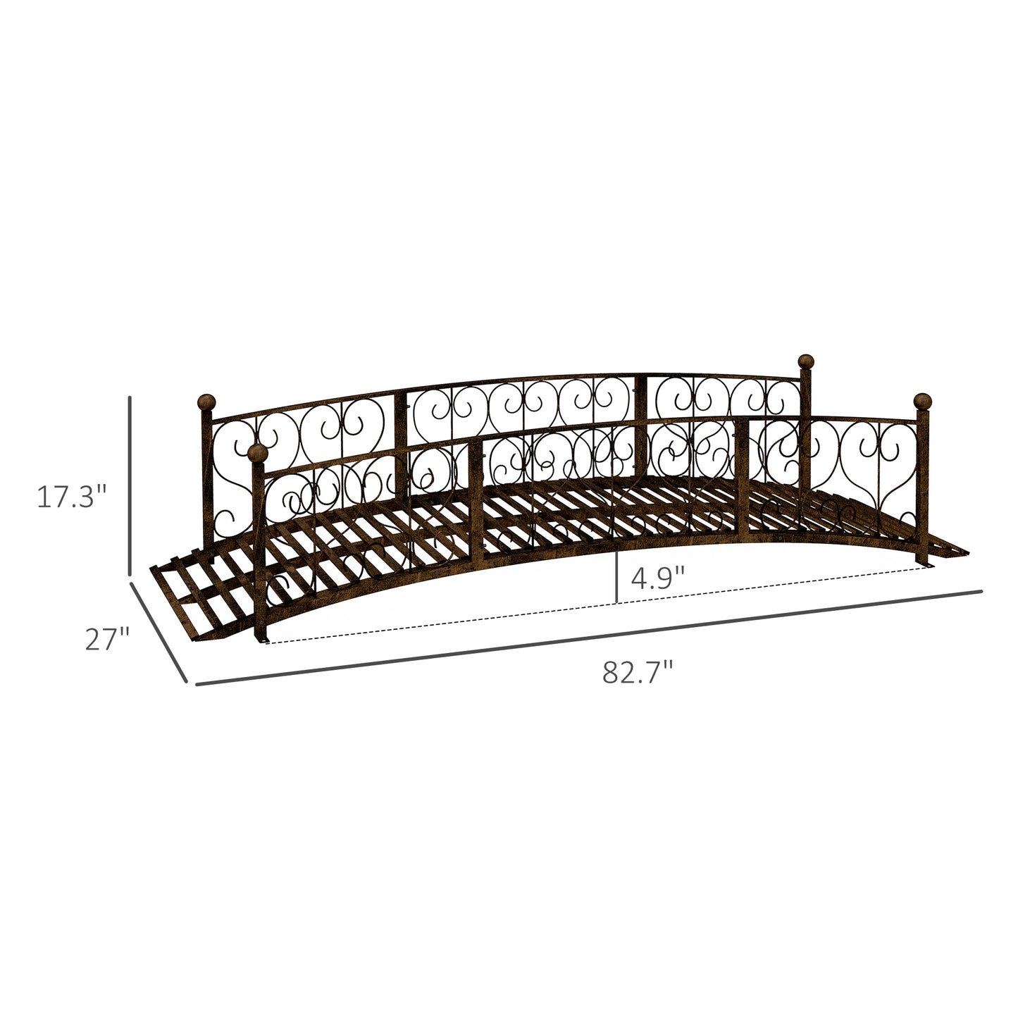 Bronze Metal Garden Arch Bridge with Side Railings, Decorative Scrollwork, 840x740x245 mm