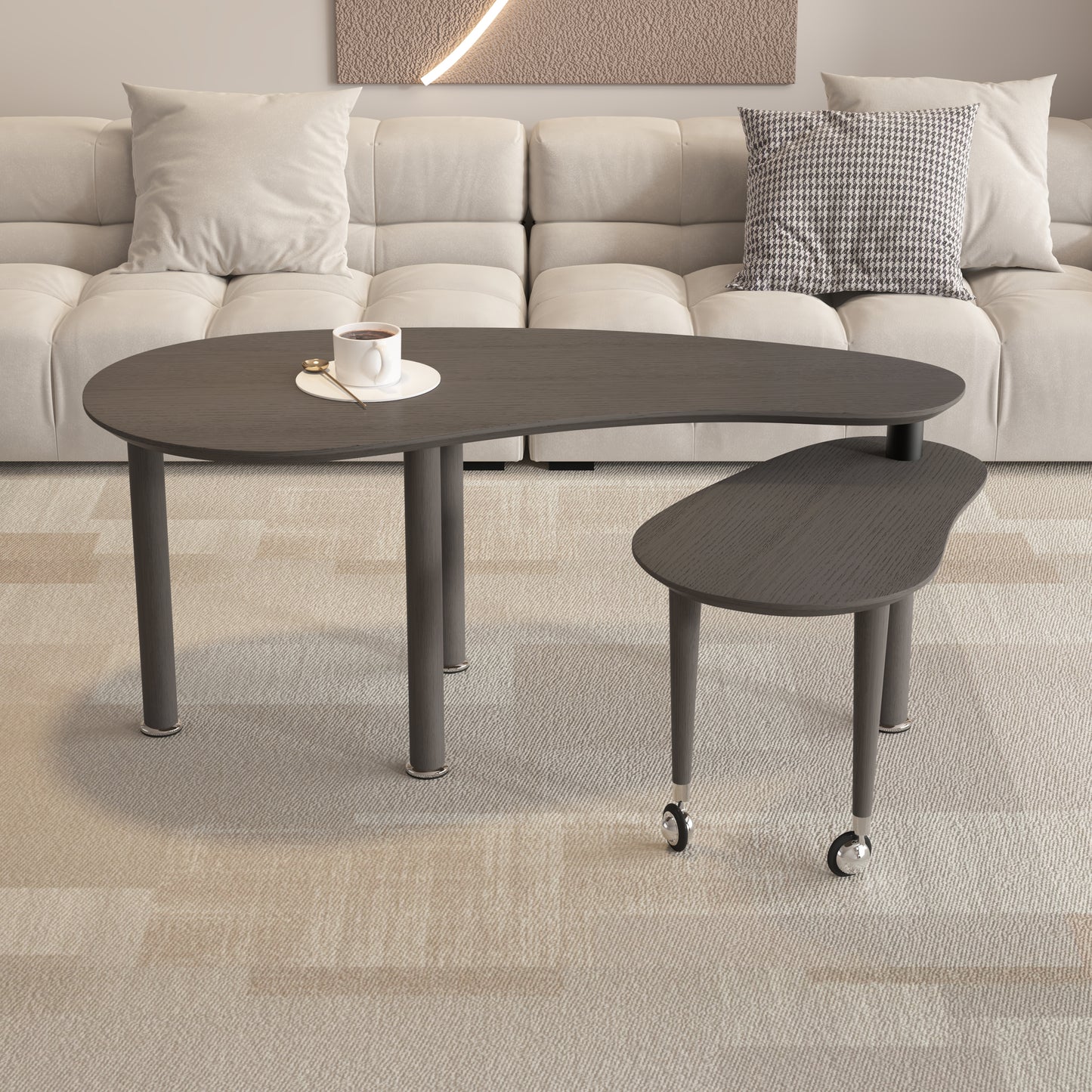 Contemporary Rotatable Cocktail Table With Solid Rubber Wood Legs,