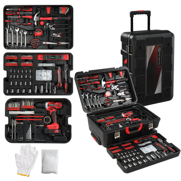599-Piece Power Tool Set with 21V Cordless Drill and Rolling Toolbox