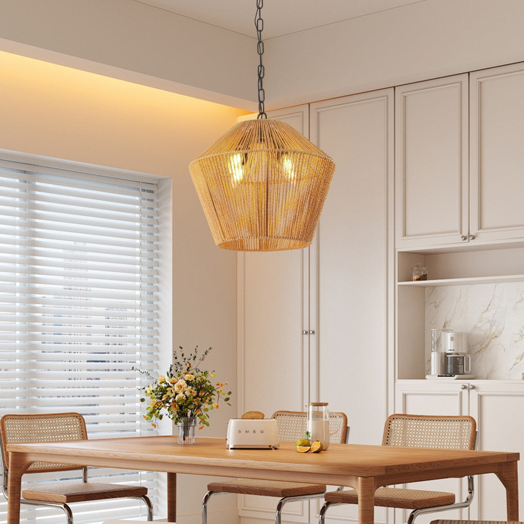 Boho Hemp Rope Pendant Light Fixture - Adjustable Height, Natural Finish