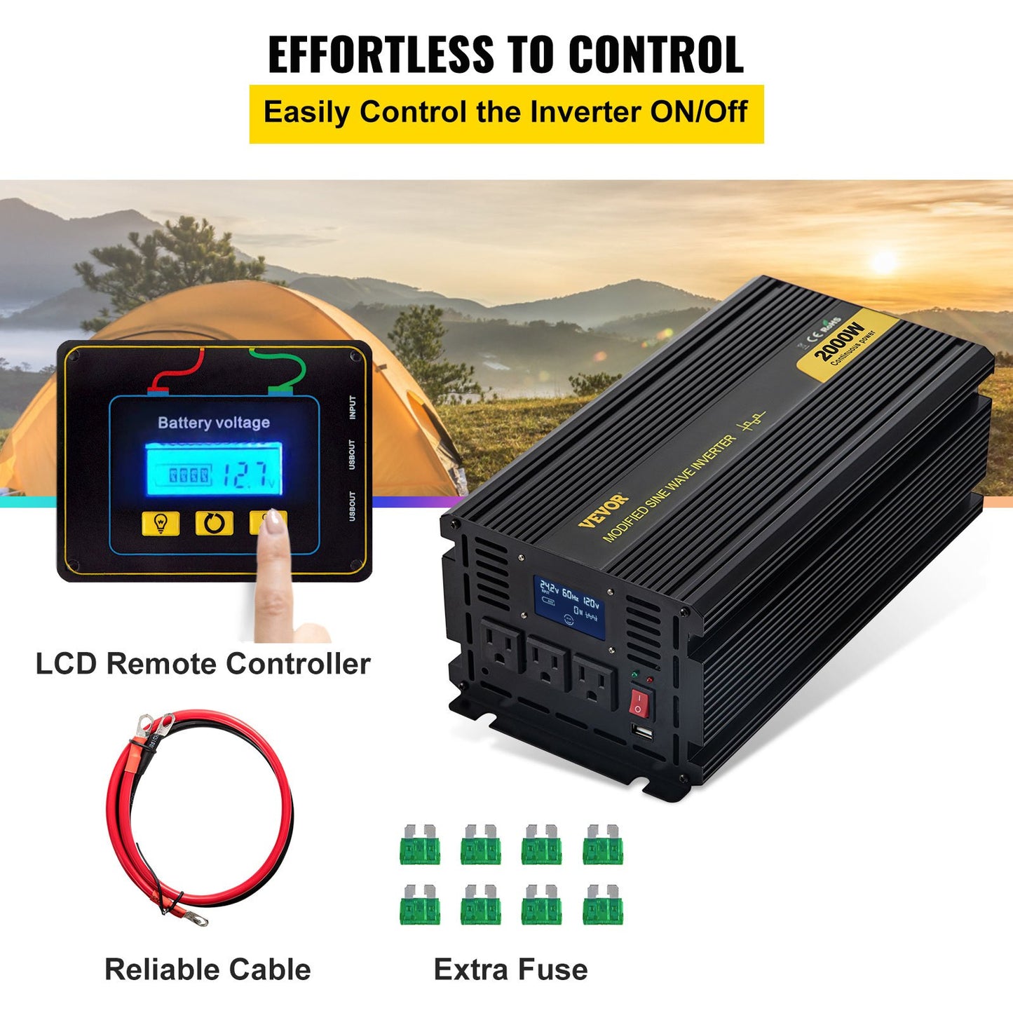 2000W Modified Sine Wave Power Inverter for Car RV Truck Boat Camping - DC 12V to AC 120V with LCD Display & Remote