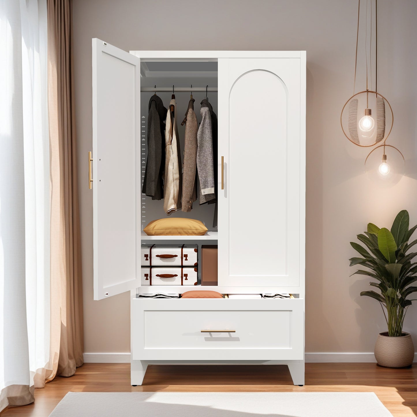 60-Inch Tall Metal Wardrobe Cabinet with Drawer & Shelf - White