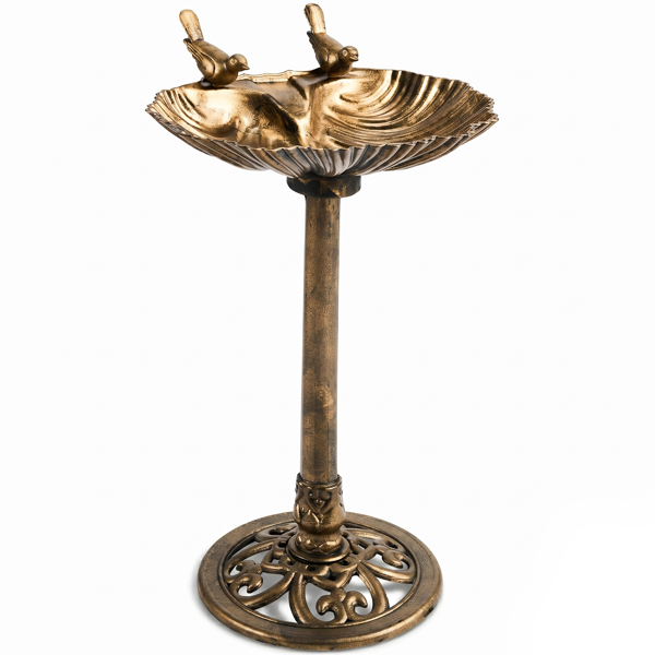 Antique Bronze Resin Bird Bath with Shell Edge and Solar Fountain - Outdoor Garden Decor