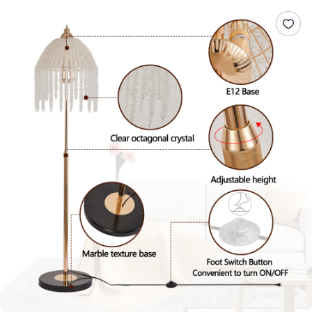 Gold 3-Light Crystal Waterfall Floor Lamp with Marble Base - Vintage Style
