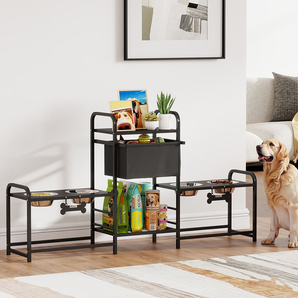 Height Adjustable Dog Bowl Stand with 4 Stainless Steel Bowls and Toy Storage