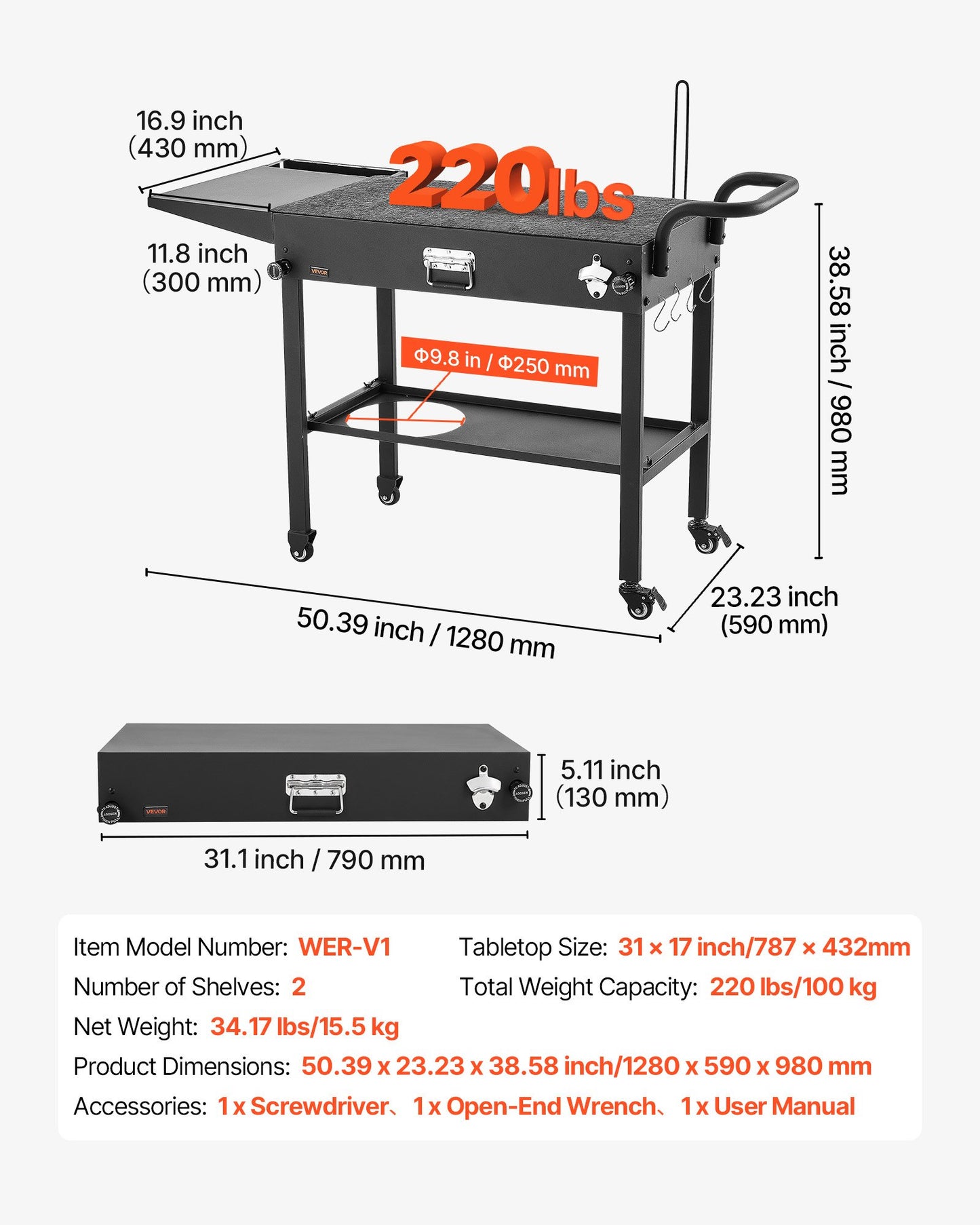 Foldable Outdoor Grill Cart with Side Table and Hooks - 31x17 Inch BBQ Prep Table