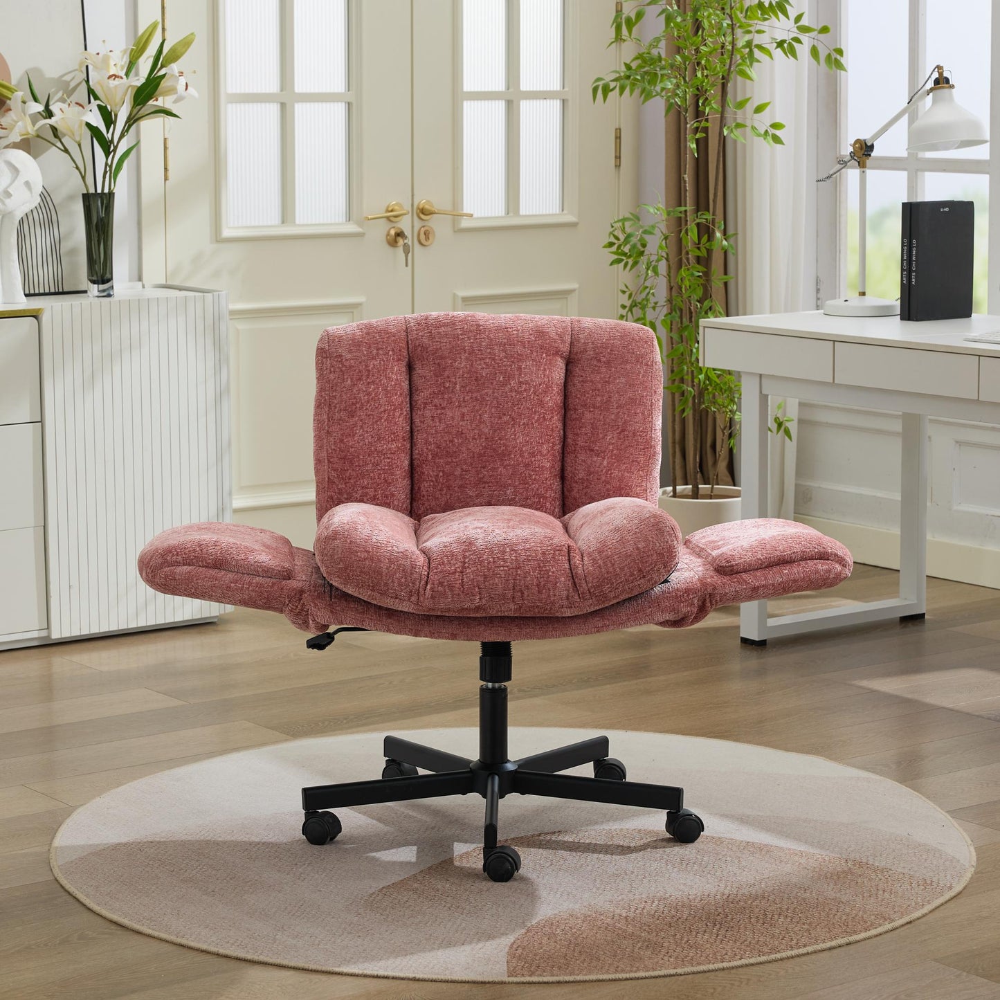 Chenille Swivel Office Chair - Adjustable Height & Armrests, Blush Pink