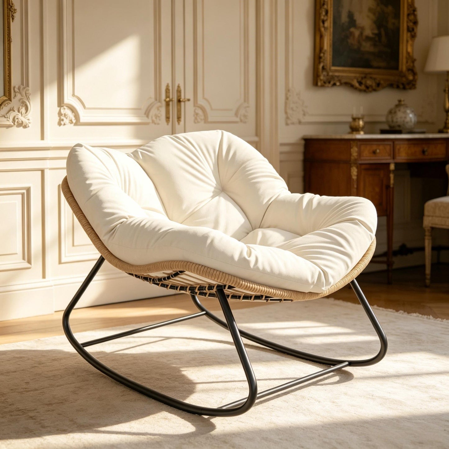 Oversized Rocking Egg Chair with Cushion - Beige Outdoor Seating