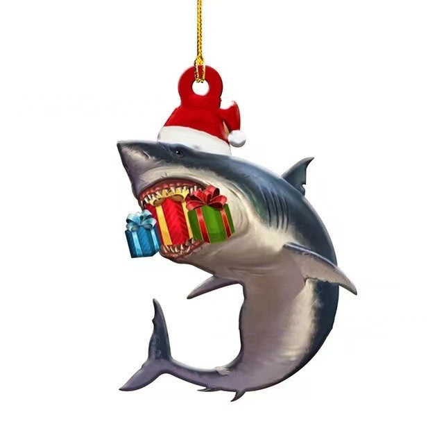 Christmas Shark Wooden Pendant Decoration for Holiday Home Decor