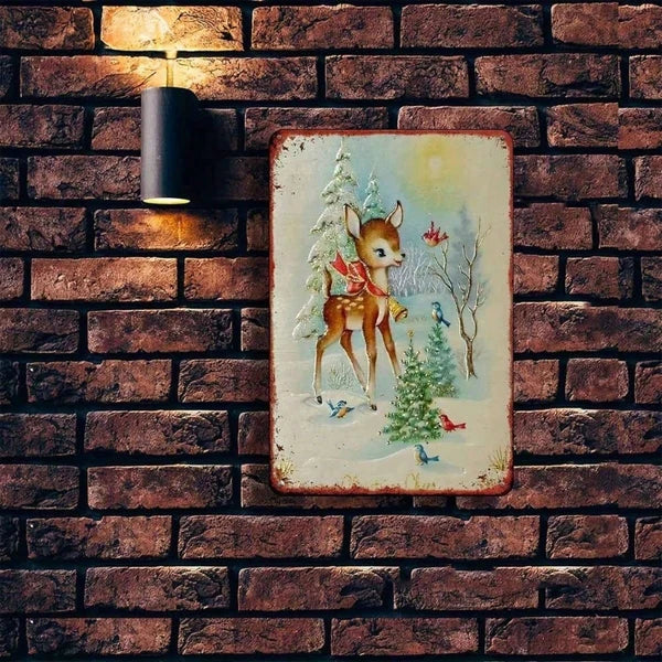 Rustic Metal Wall Sign - Winter Reindeer in Snowy Woods