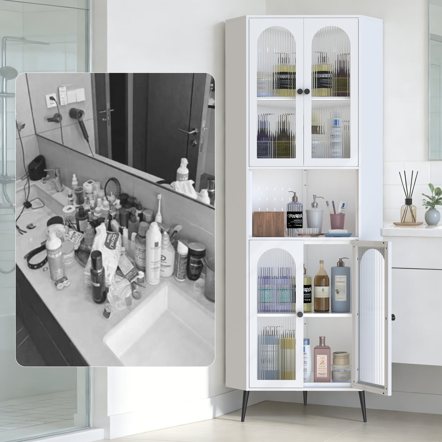 73'' White Metal Corner Storage Cabinet with Adjustable Shelves