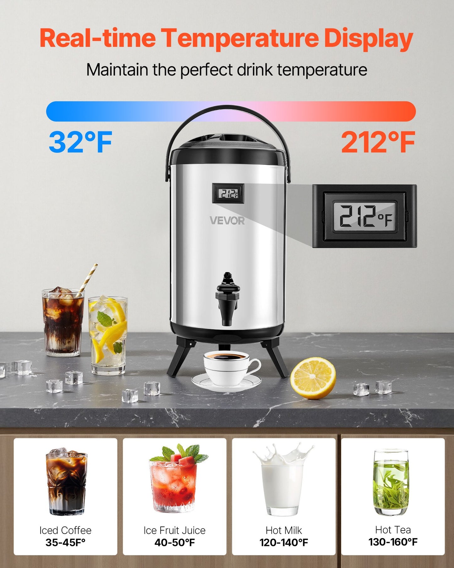 2 Gal Insulated Beverage Dispenser - Stainless Steel with Temperature Display