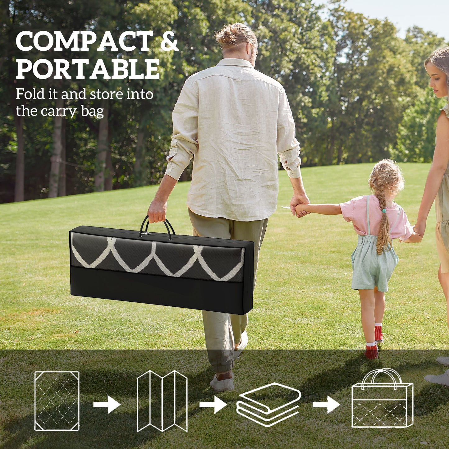 Reversible Outdoor Rug - Waterproof Plastic Straw, 9' x 18' - Black & White Lantern