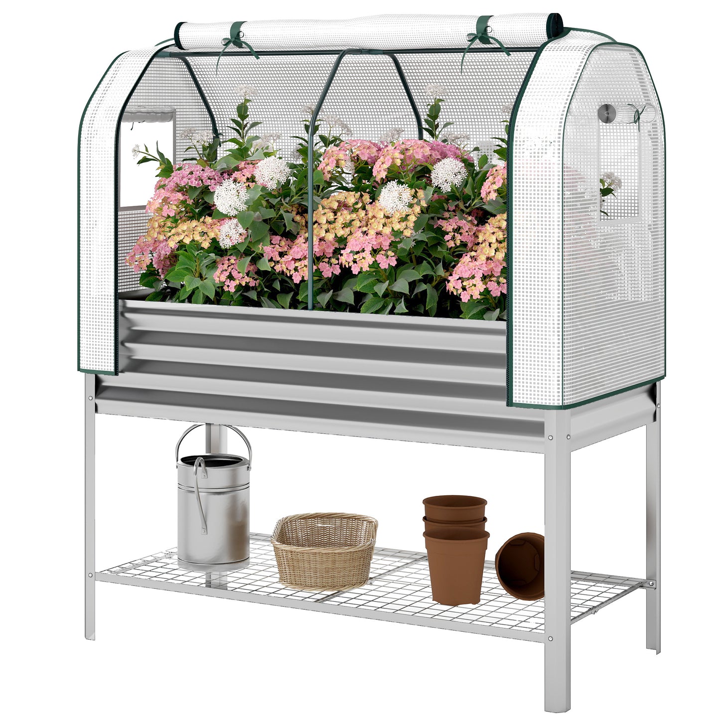 Galvanised Raised Garden Bed with Greenhouse Cover - Metal Elevated Plant Bed, Silver, 1330x370x120mm