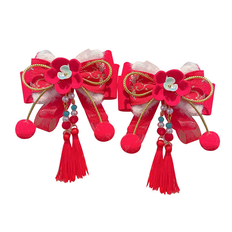 Children's Chinese-Style Red Flower Hair Clip with Pearls