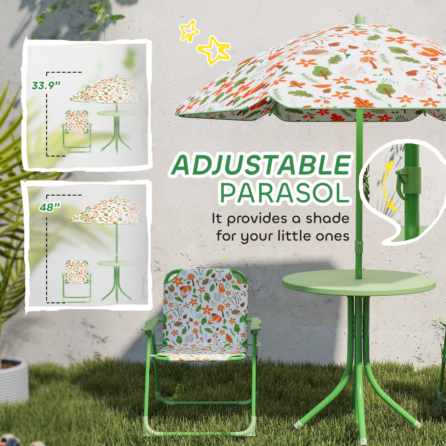 Kids Picnic Table and Chair Set with Umbrella - Green