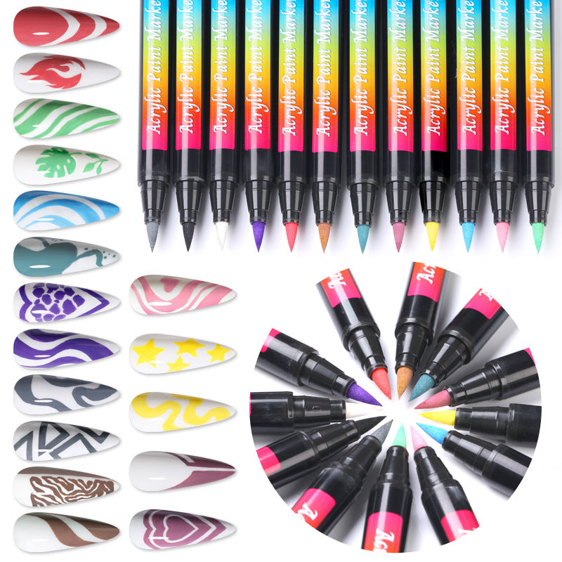 12-Color Nail Art Pen Set with Brush Tips