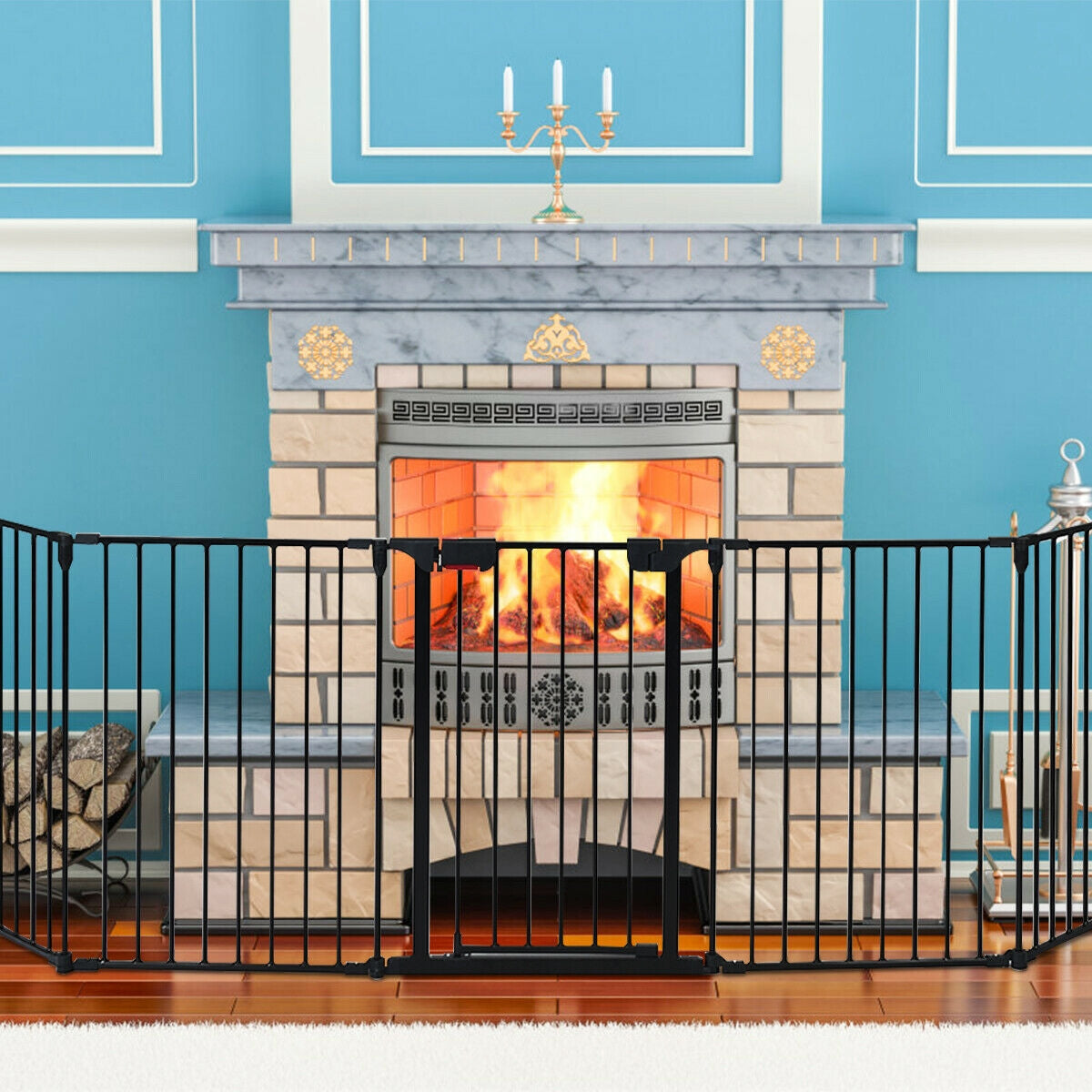 5-Panel Adjustable Metal Fireplace Fence - Black, 115 Inch Length