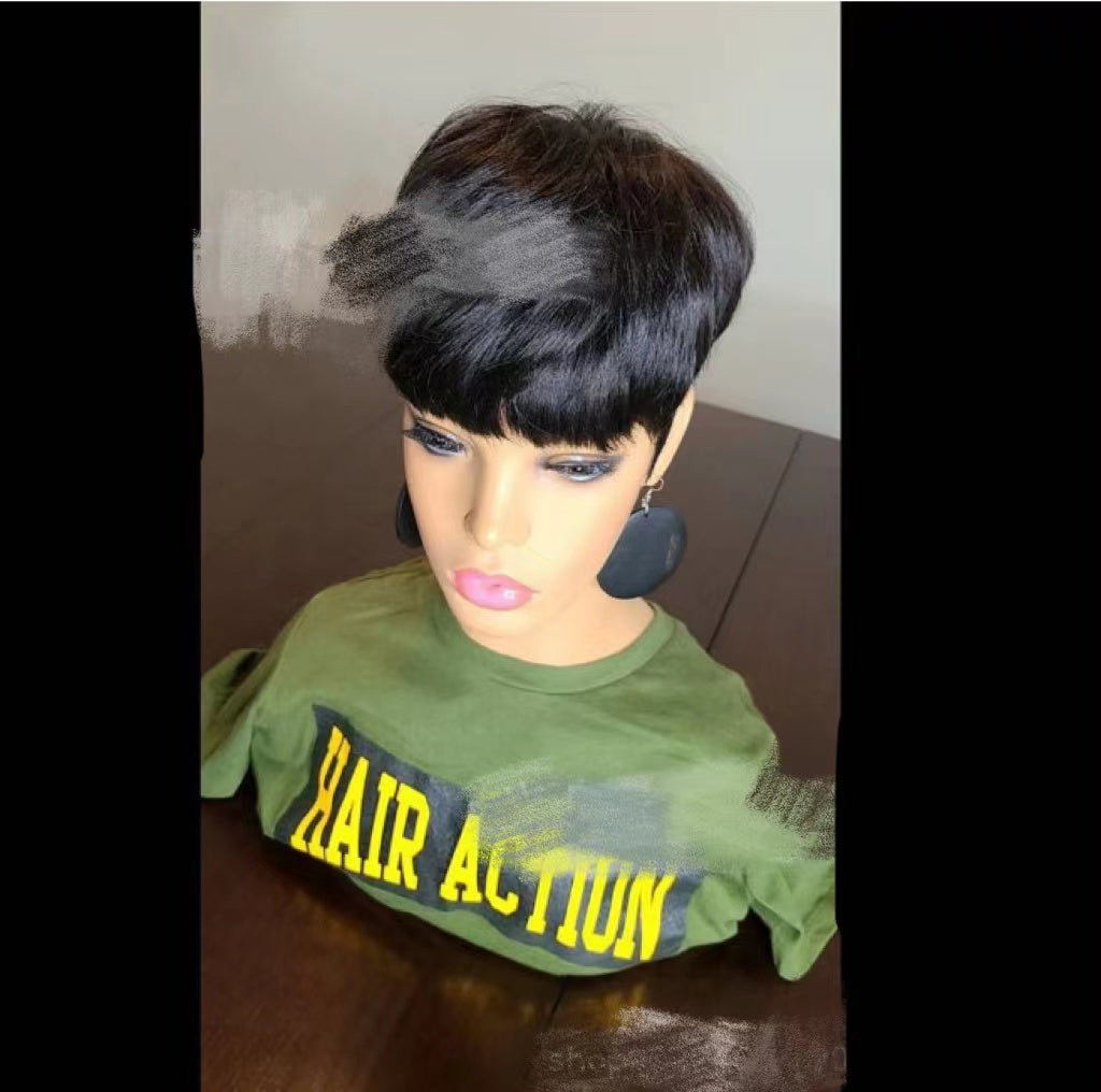 Short Cropped Fluffy Synthetic Wig for Men with Flat Bangs - Black, Green, Gold
