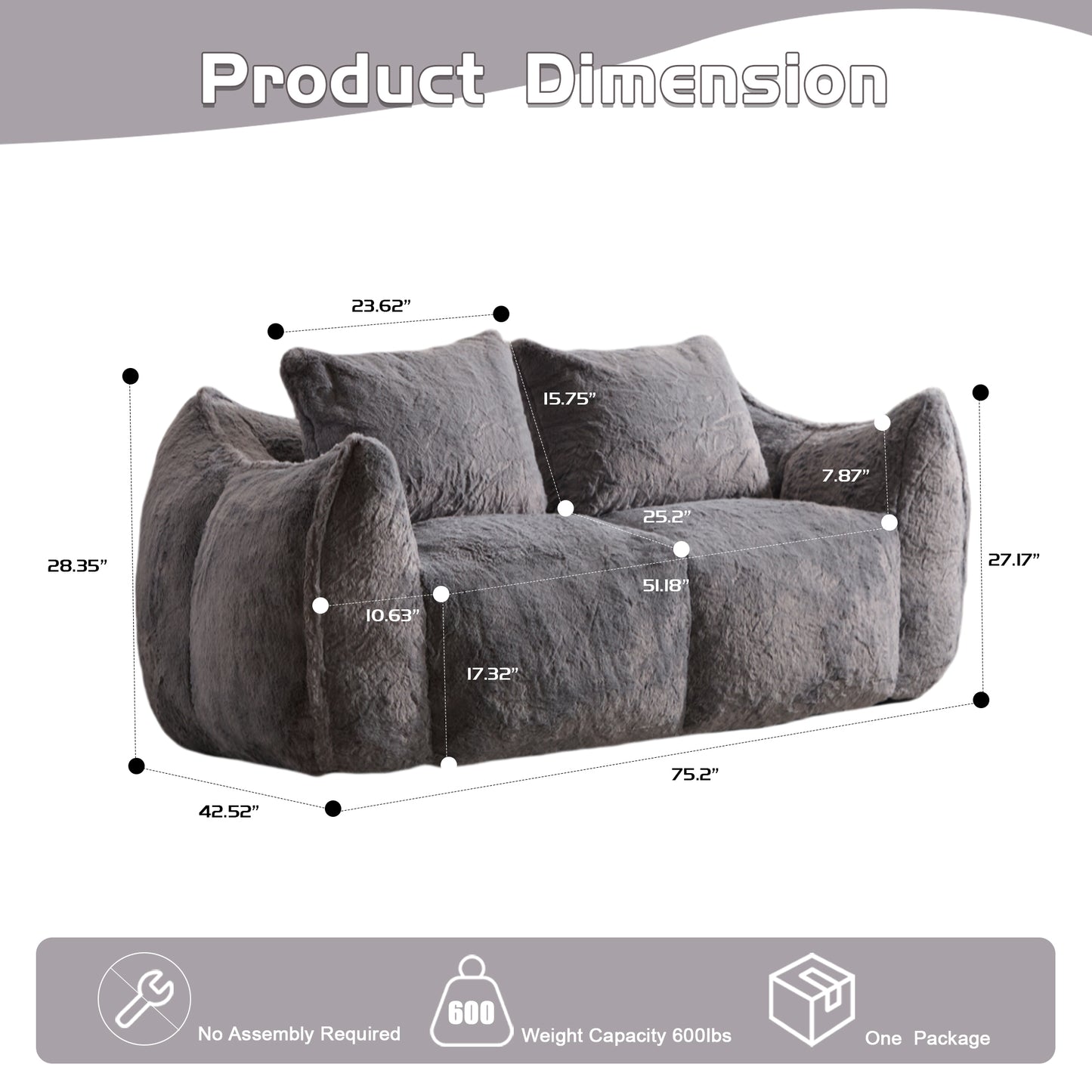 Giant Bean Bag Couch - Ultra Soft Fluffy Loveseat Sofa, Grey