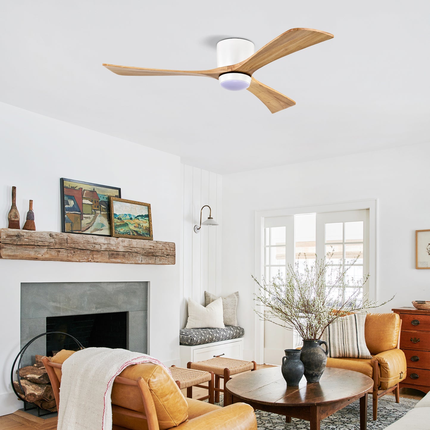 52" Flush Mount Ceiling Fan with Lights & Remote Control - Matte White Natural