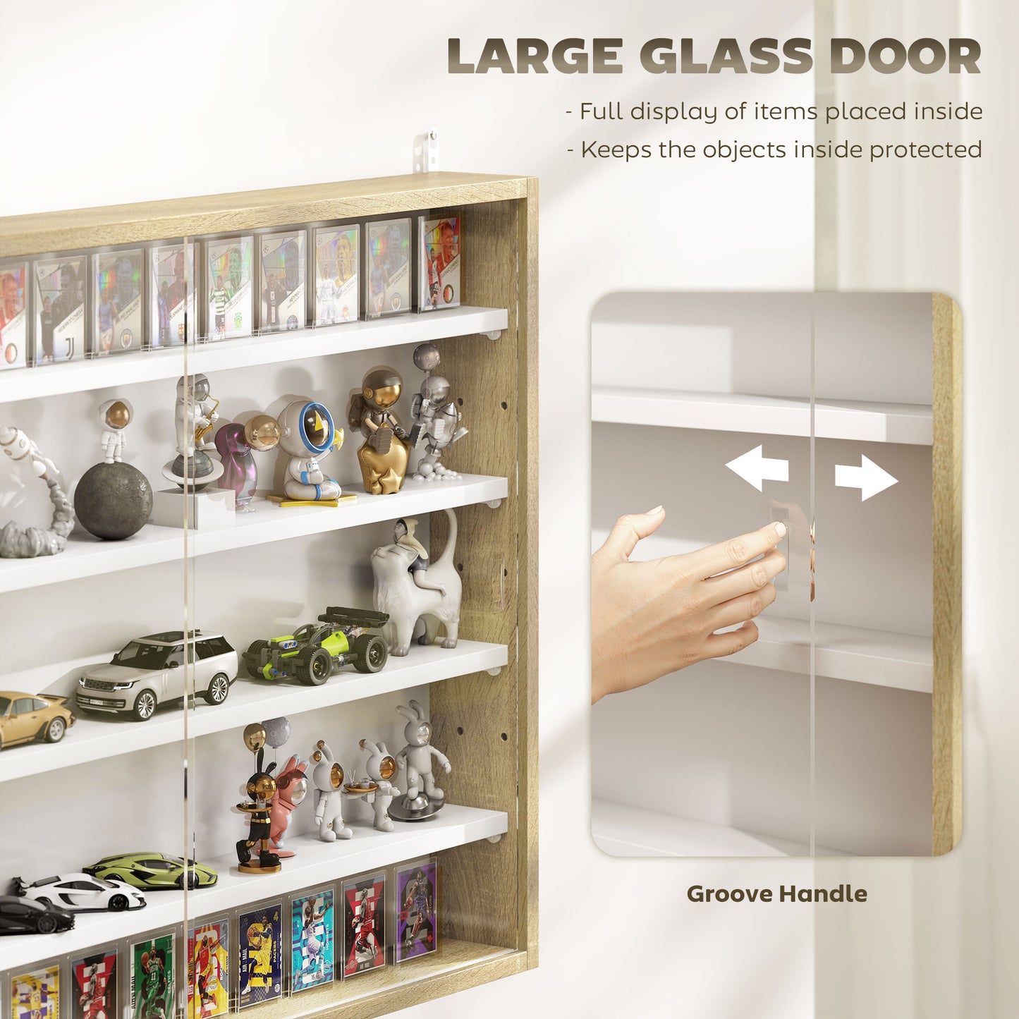 Wall-Mounted Display Cabinet with Glass Doors & Adjustable Shelves - Oak