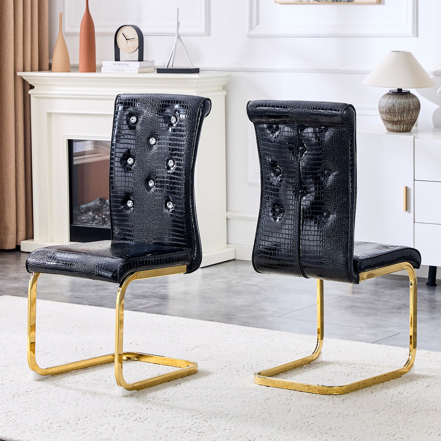 Set Of 2,Retro Alligator Skin Upholstered Dining Chairs,with Crystal