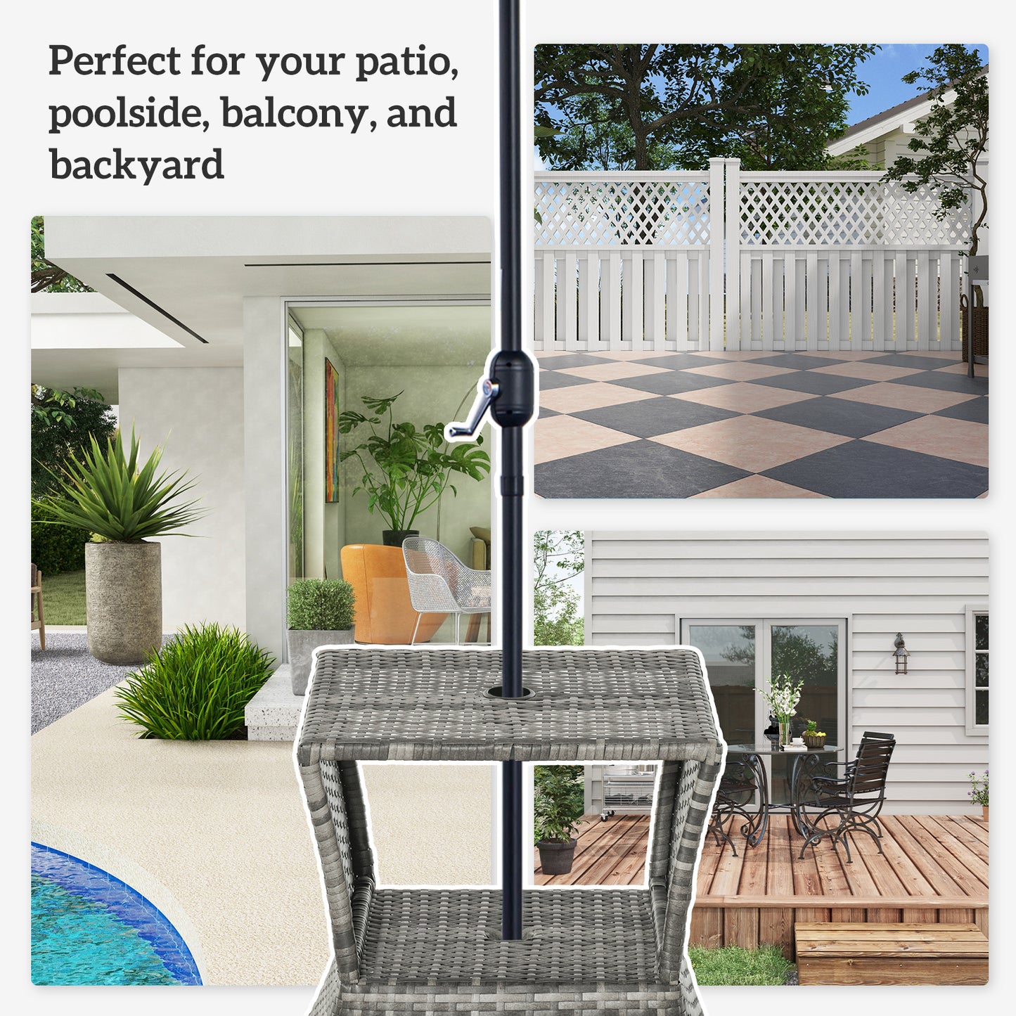 Outdoor Rattan Wicker Side Table with Umbrella Hole - Gray