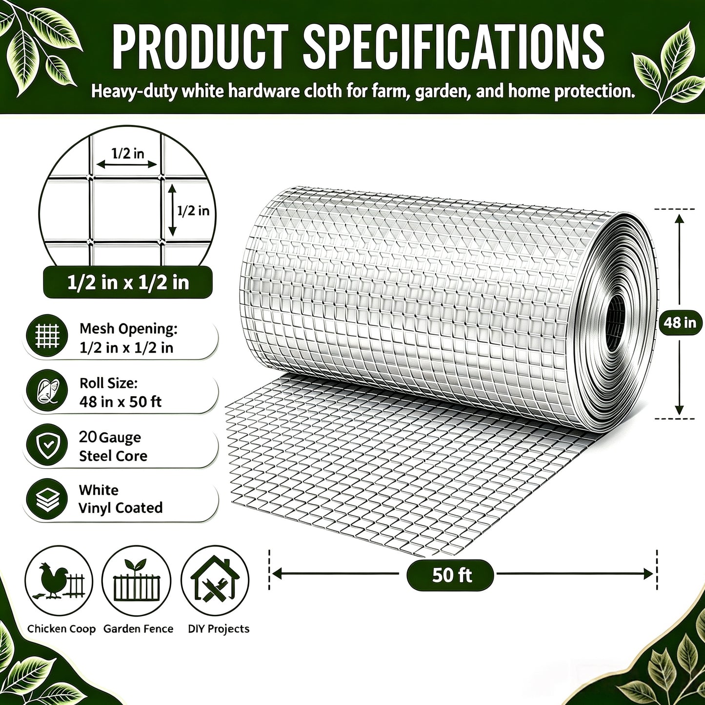 48in x 50ft Silver Metal Mesh Chicken Wire Roll - Garden Fencing