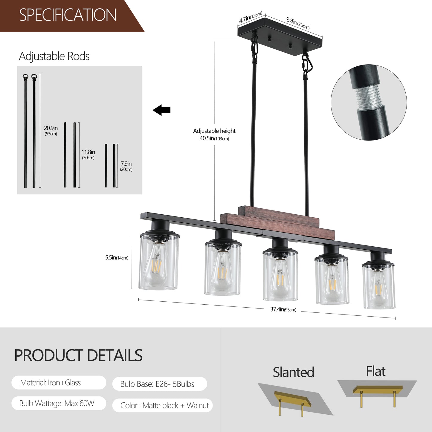 Industrial Farmhouse 5-Light Pendant Chandelier - Adjustable Height