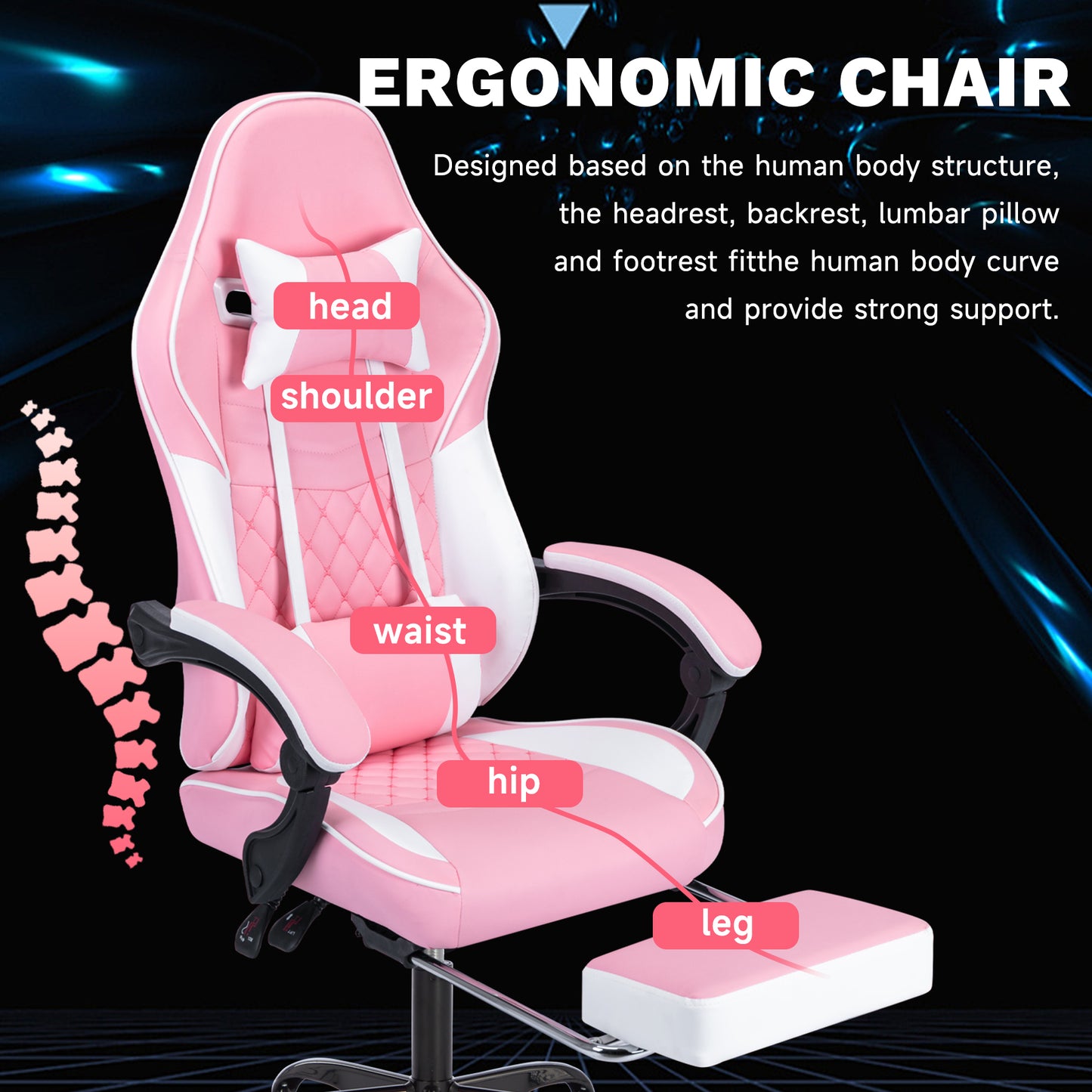 Ergonomic Gaming Chair with Massage Lumbar Support & Footrest - Pink & White