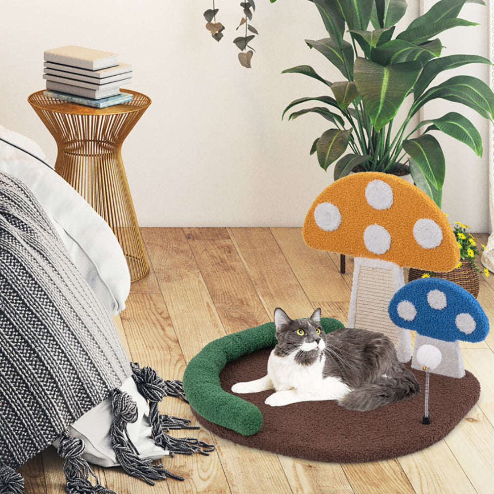 Multicolor Mushroom Cat Bed with Scratcher and Swinging Toy - Cozy Cat Tree