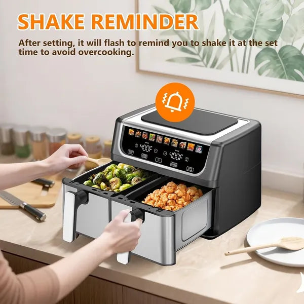 Large 9.5 Quart Dual Basket Air Fryer with 10 Presets, Independent Temp Control, and Shake Reminder - Black