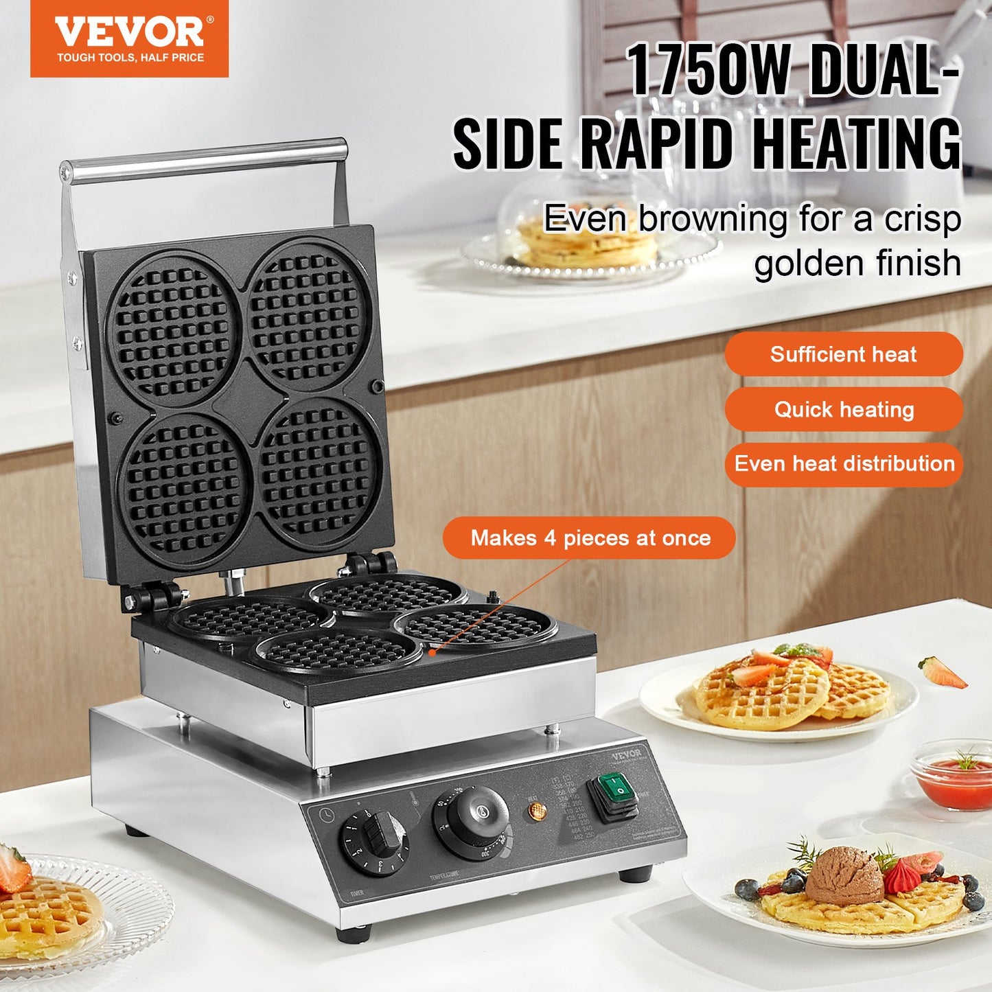 Commercial Waffle Maker 1750W Non-Stick Round Waffle Iron Machine, Professional Kitchen Appliance - Natural