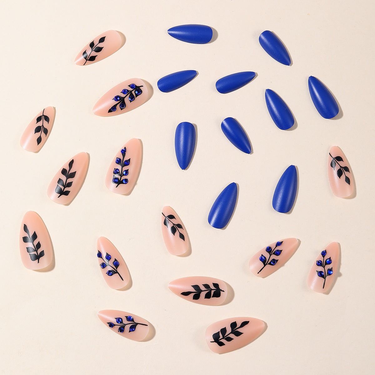 Blue Almond-Shaped Matte Nail Tips with Diamond Accents - Detachable, Easy Wear